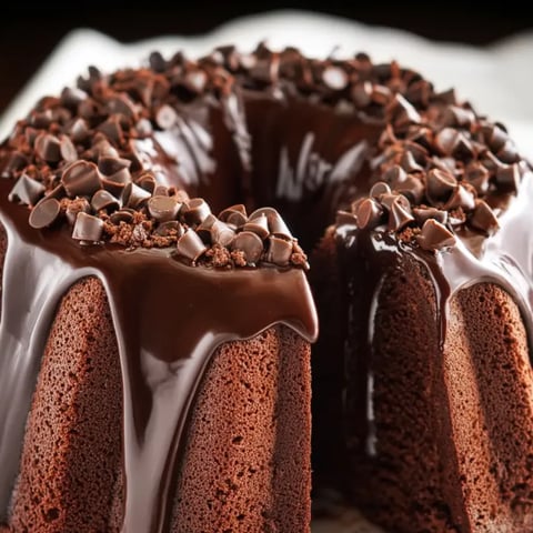 A chocolate cake topped with chocolate chips.