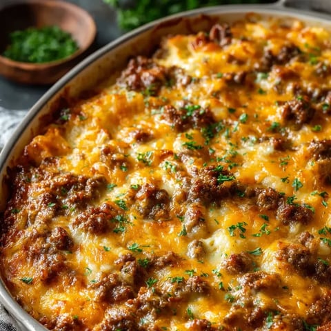 Bubbly cheese and beef in a square casserole dish.