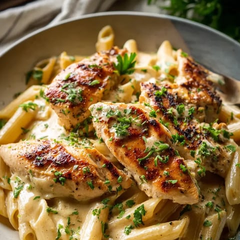 Pasta piled with chicken on a plate.