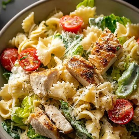 Pasta in a bowl with chicken chunks and fresh tomatoes.