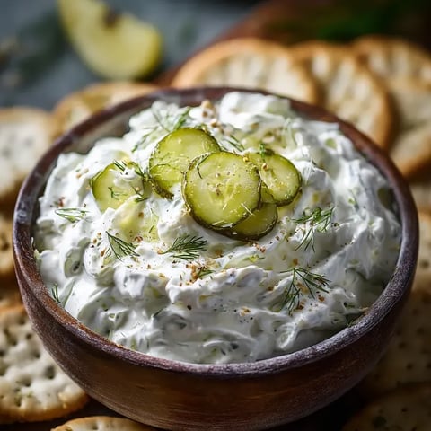 Bowl full of creamy dip with a lemon slice on top.