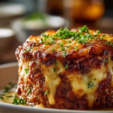 Dinner plate loaded with cheesy baked potatoes and a juicy meatloaf slice.
