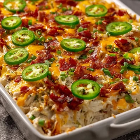 A casserole loaded with jalapenos and bacon pieces.