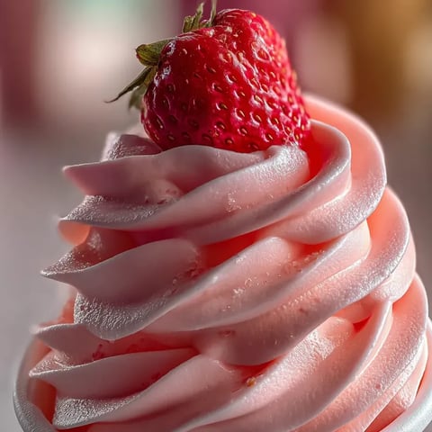 A pink and white frosted strawberry shortcake.