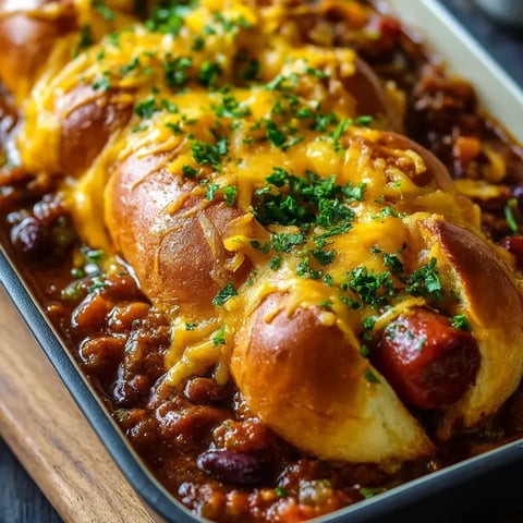 Hot dog topped with beans and cheese on a plate.