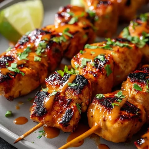 Plate loaded with skewered chicken and creamy sauce.