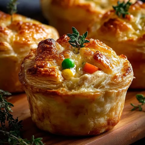 Small savory pie with a green garnish on top.