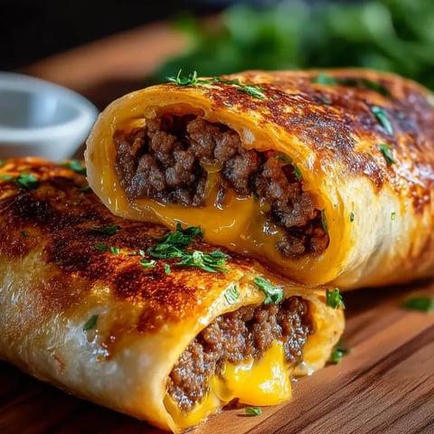 A pair of beef-stuffed wraps resting on a tabletop.