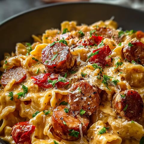 Pasta in a bowl with sausage and peppers, ready to eat.