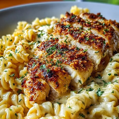 A plate of pasta with chicken on top.