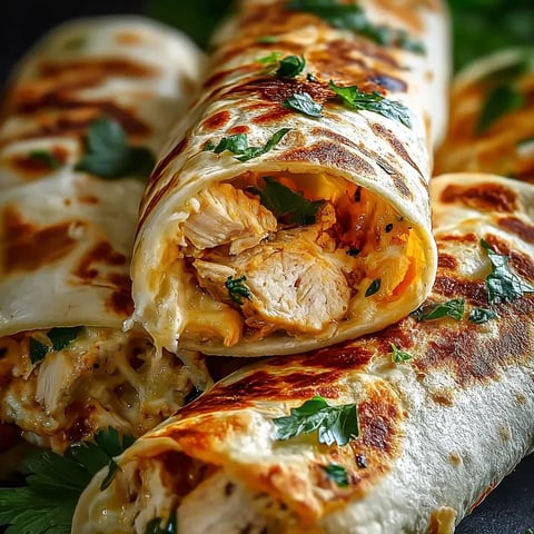 A burrito loaded with chicken and melted cheese.