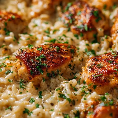 Plate piled with chicken, creamy rice, and fresh herbs.