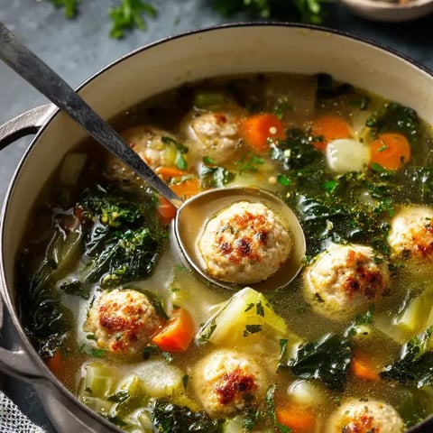 A bowl filled with veggies, meatballs, and broth.