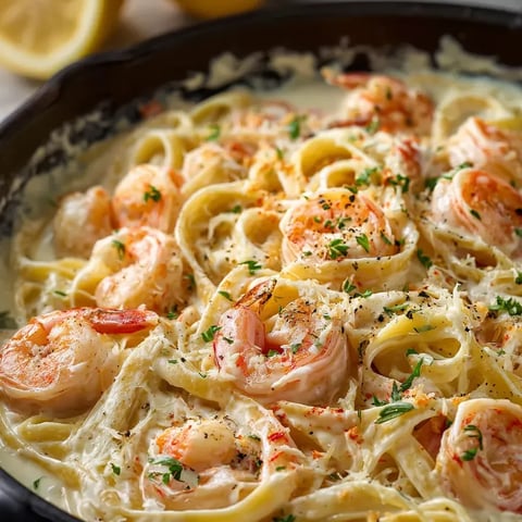 Pasta bowl piled with shrimp and melty cheese.