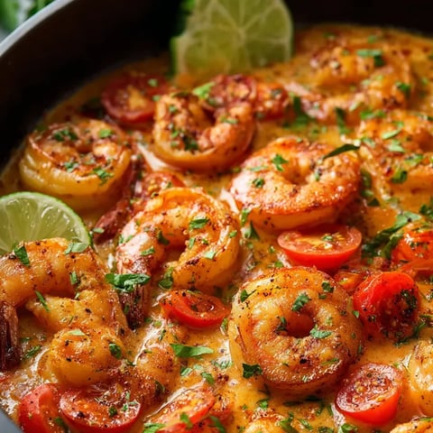 A bowl showing shrimp with tomatoes and peppers.