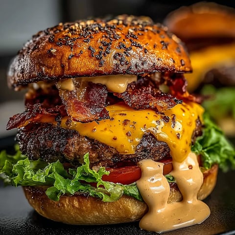 A juicy burger with bacon and cheddar up close.