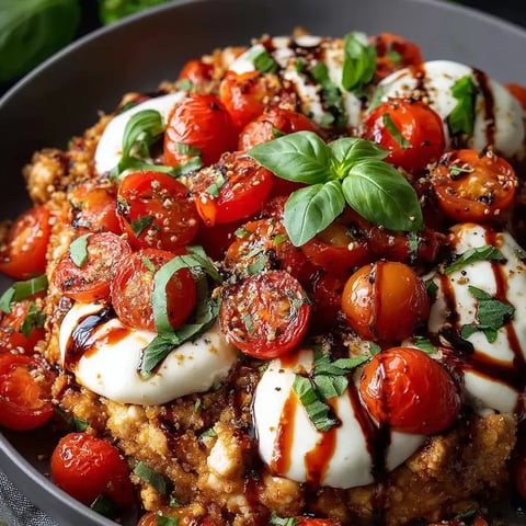 A bowl of food with tomatoes and cheese.
