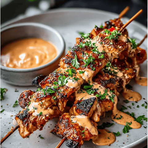 A plate with grilled skewered chicken and dipping sauce.