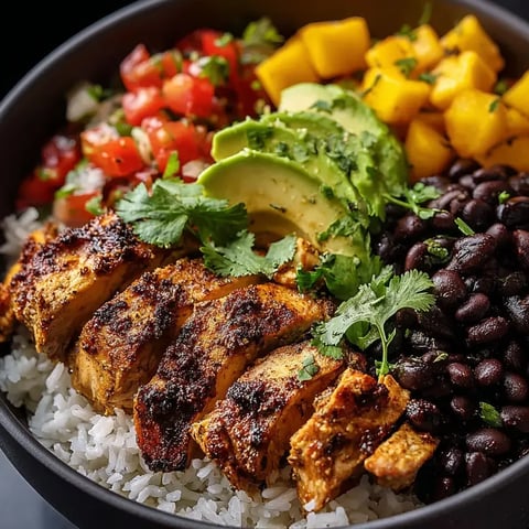 A bowl of food with rice, beans, chicken, and avocado.