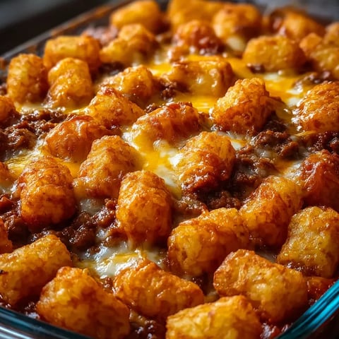 A dish piled with crispy tater tots sitting on cheesy, meaty layers.