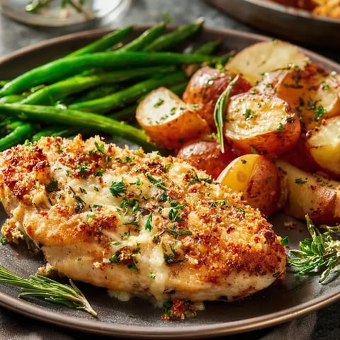 Plate stacked with chicken, potatoes, and green beans.