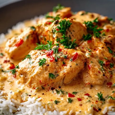 Warm rice and chicken surrounded by little pops of red pepper.