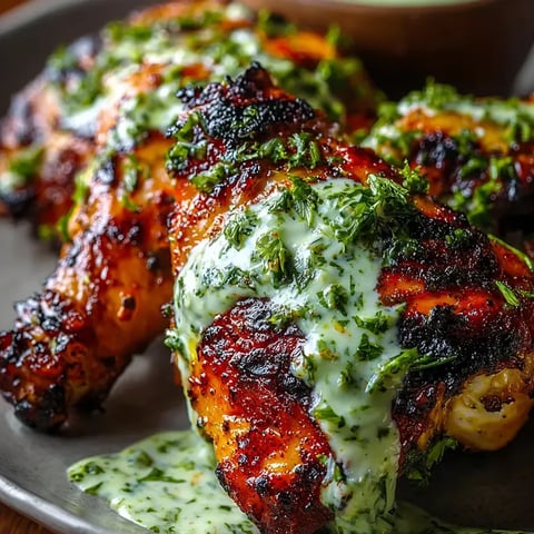 Chicken served up with bright green sauce and fresh herbs on the side.