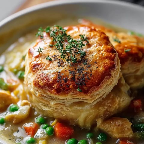A savory stew in a bowl with a baked crust on top.