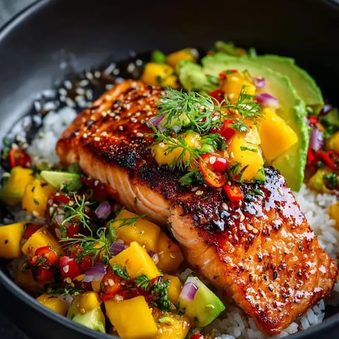 A tasty bowl loaded with salmon, rice, and colorful toppings.