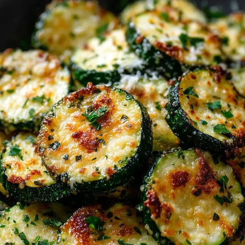 Grilled zucchini slices on a plate, covered in herbs and melted cheese.