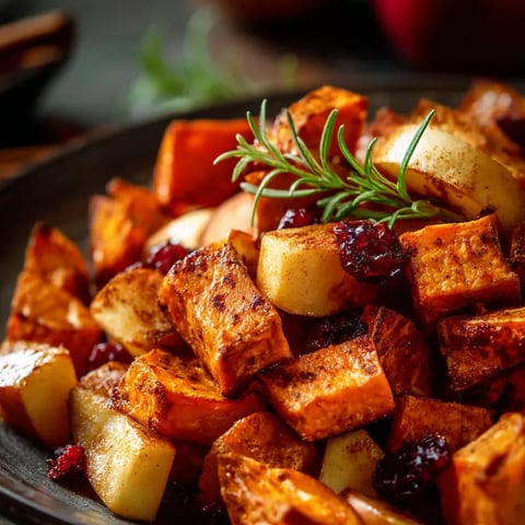 A bowl packed with roasted veggies and apples, rosemary tucked on top.
