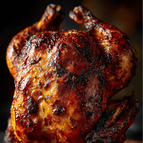 Cooked chicken sitting upright, skin nicely browned.