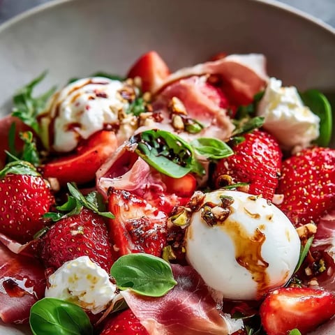 Strawberries, cheese, and ham on a plate.