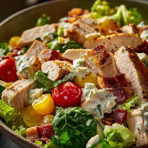 A big colorful bowl with grilled chicken, lettuce, tomatoes, and blue cheese chunks.