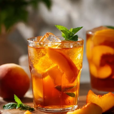 A clear glass filled with tea and a peach slice floating inside.