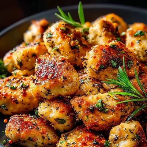 A bowl with spiced, herby chicken bites in it.