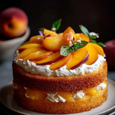 Cake crowned with ripe peaches and fluffy whipped cream.