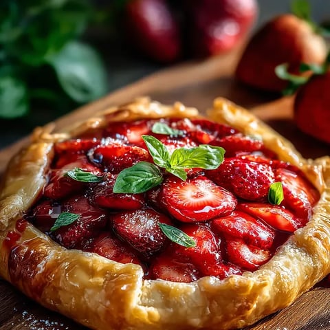 A golden mini pie busting with strawberries and fresh basil.