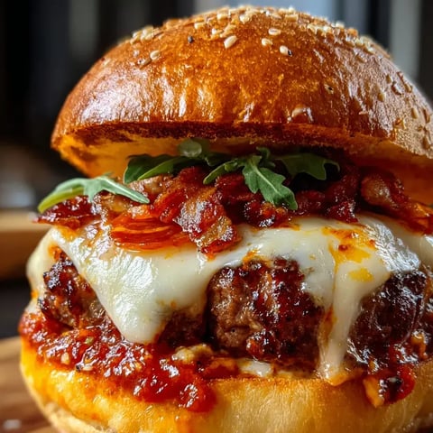 A juicy burger stacked with bacon and melty cheese in close detail.