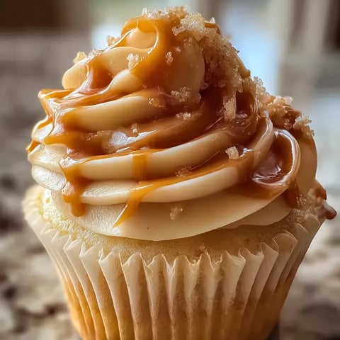 A cupcake piled high with creamy caramel frosting.