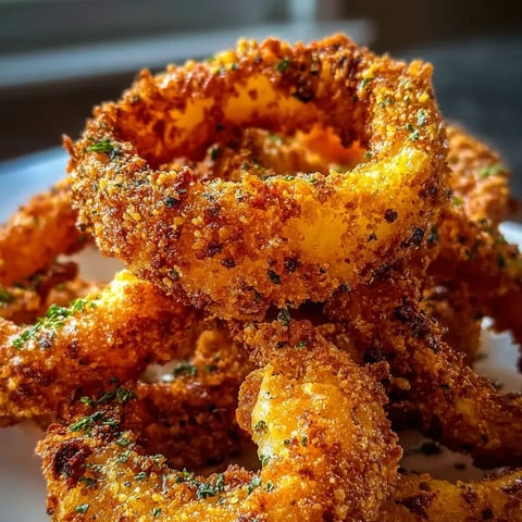 A plate with crispy onion rings and golden crumbs.