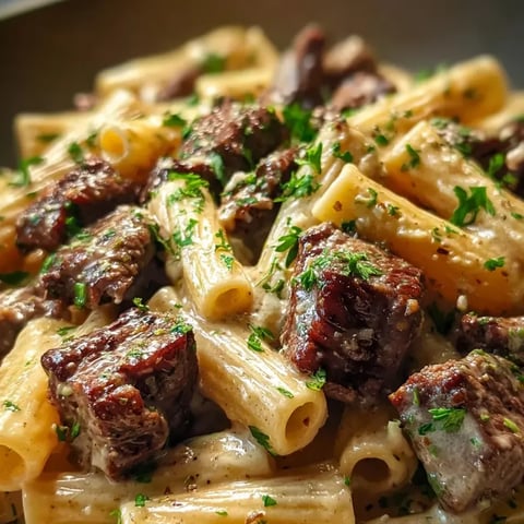 Plate of pasta with steak bits and herbs on top.