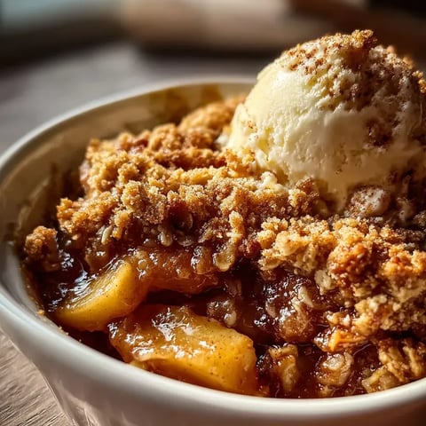 A scoop of ice cream melting on warm apple crisp in a bowl.