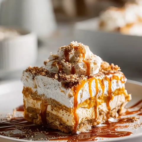 Thick square cake slice topped with caramel drizzle.