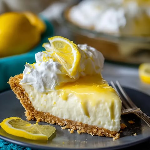 A wedge of lemon cheesecake garnished with a lemon slice.
