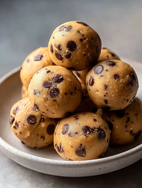 Chocolate chip cookie dough bites in a bowl.