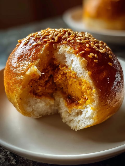 Close-up of a Japanese curry bun showing its hole in the middle