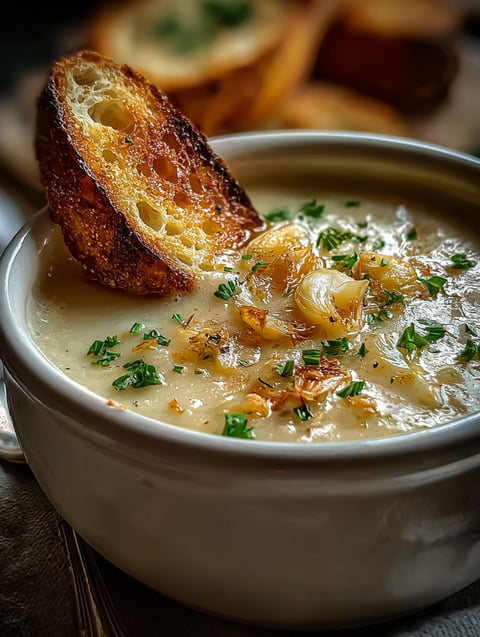 A bowl of French garlic soup topped with a slice of bread.