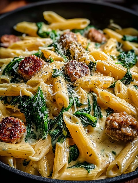 A tasty one-pan creamy penne with spinach and Italian sausage