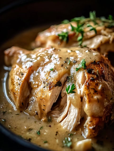 Close up view of chicken breast cooking in a crock pot.